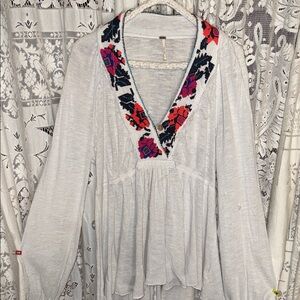 Free People White Blouse with Colorful Embroidery